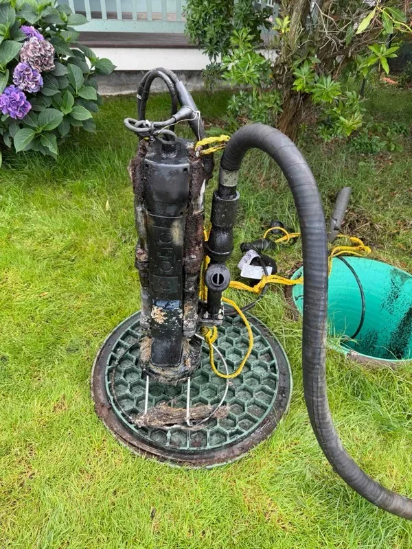A septic pump lifted out of its riser and standing on the open lid, with the pump-out hose running alongside it across the lawn.