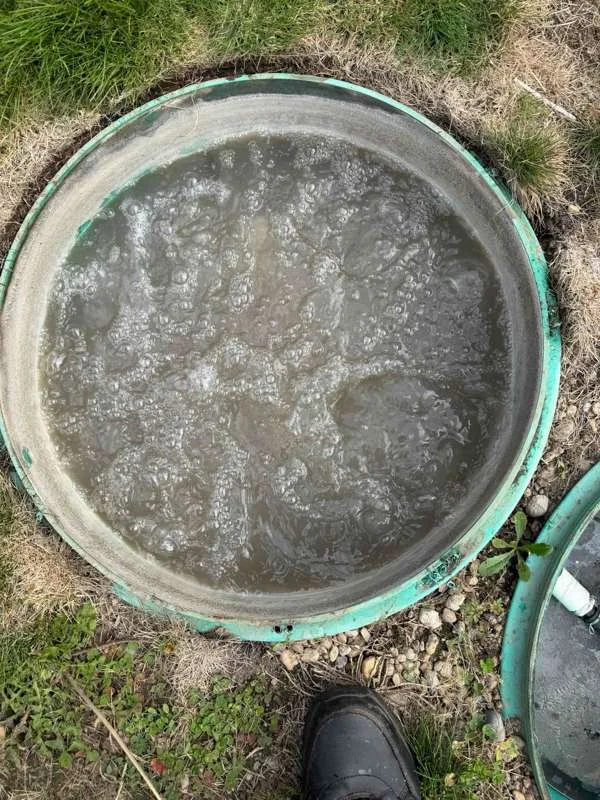 Looking down into a riser filled to the top, the system in its flooded state before pumping.