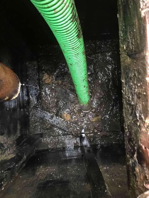 Inside the tank during pumping: the suction hose down in heavily accumulated solids, with the dividing wall behind it.