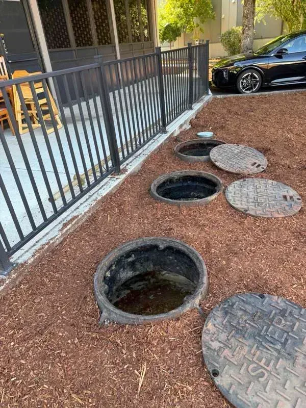 The grease trap access lids opened in the bed behind the business, with the covers set aside.