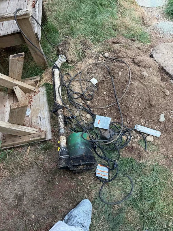 The old pump out on the grass as one assembly, with its discharge pipe, float bracket and cable.