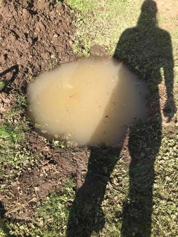 Standing water in the excavated ground next to the tank.