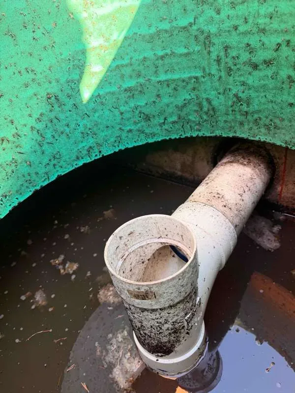 A white tee inside the tank standing above the liquid level, seen down through the green riser.