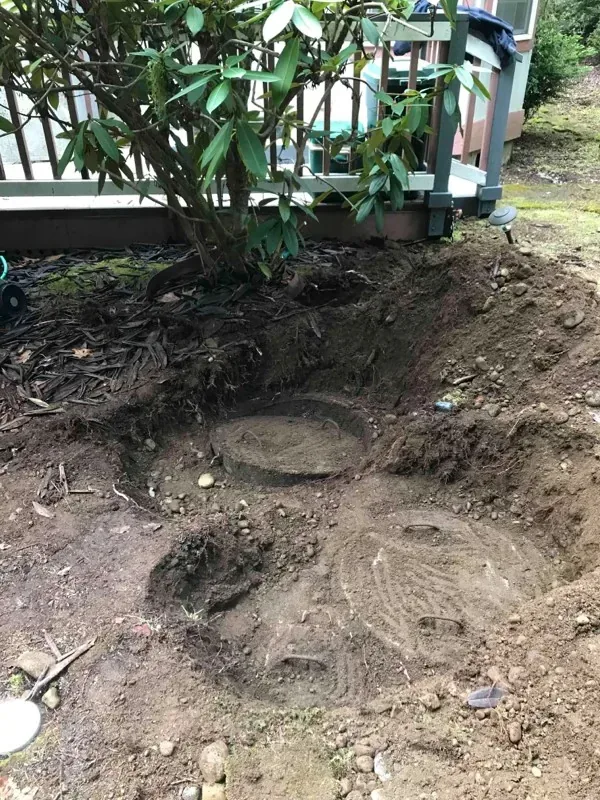 Excavation beside the house deck with two tank lids uncovered, a rhododendron growing over the area.