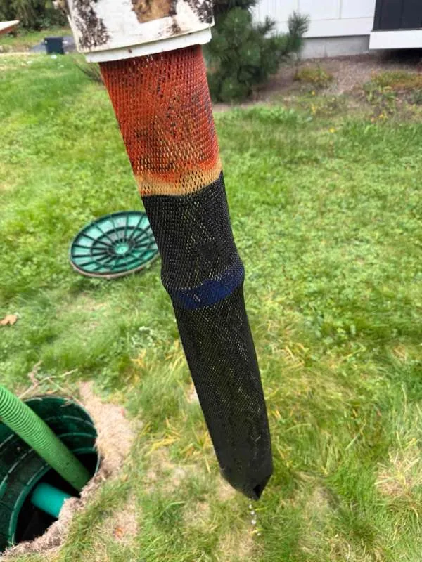 A core sampler lifted out of the tank, with the layers it drew banded along the tube.