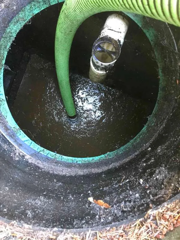 The suction hose run down into a tank beside the white outlet fitting, drawing the contents down.