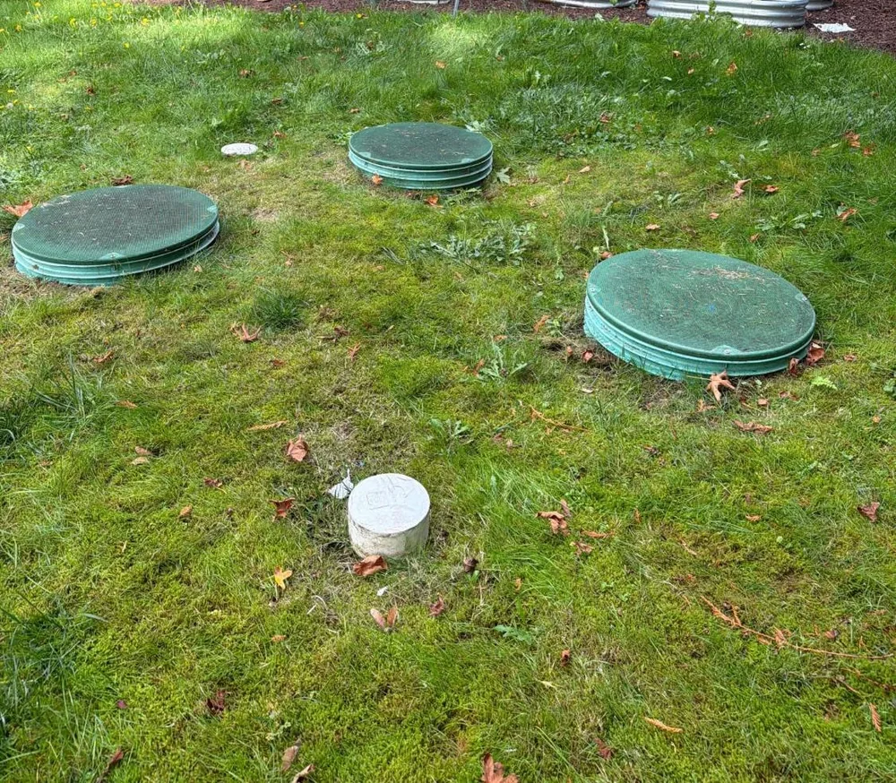 Three green tank lids and a concrete access cap set in the back lawn.