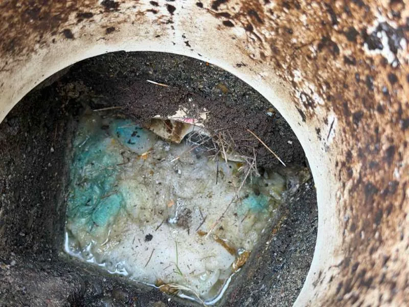 Looking down a riser at a thick pale crust across the surface below.