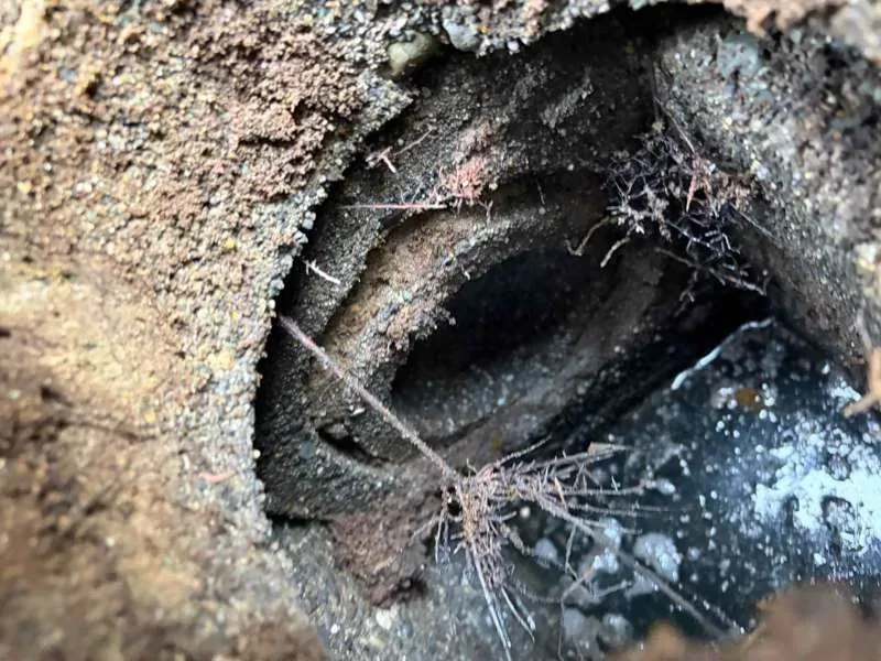 Fine roots growing in at an opening in the tank, with liquid below.