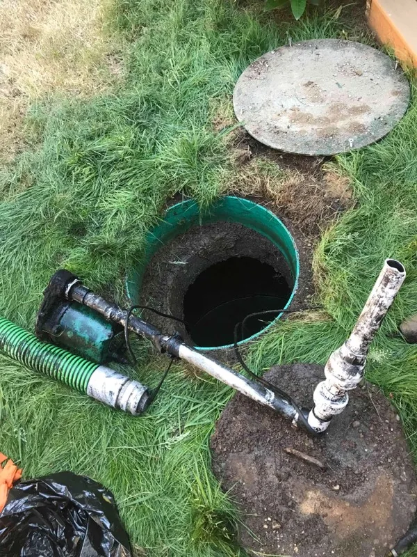 The pump lifted out of the basin and laid on the grass beside the open riser, still joined to its discharge pipe.