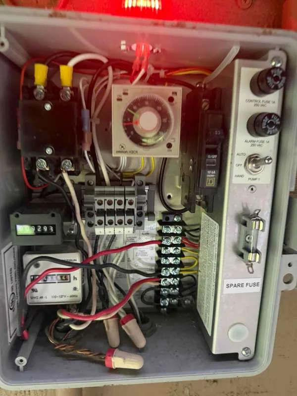 Inside the control panel: the timer dial, the counters, the hand and auto switch, and the alarm light above.